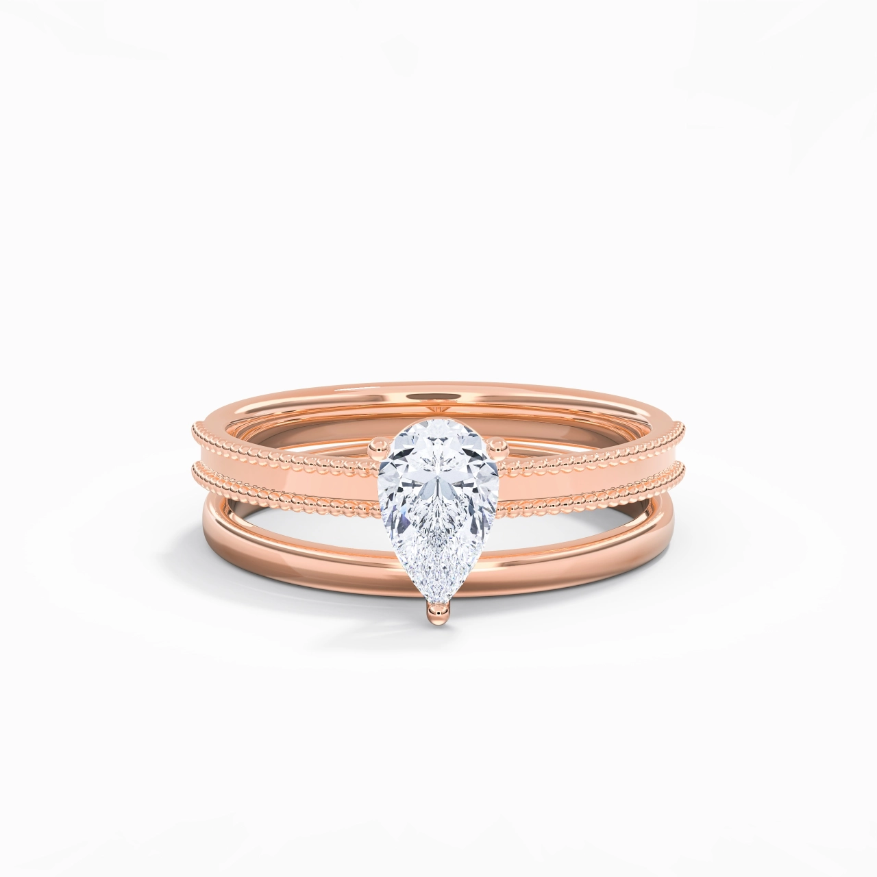 Plated Wide Beaded Wedding Ring Set