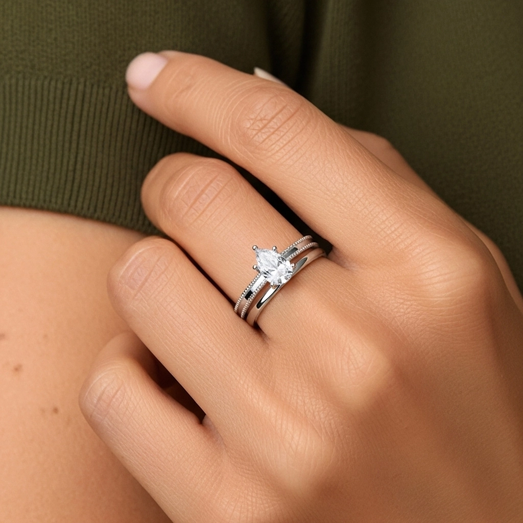 Plated Wide Beaded Wedding Ring Set