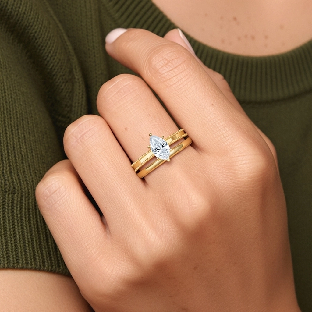 Plated Wide Beaded Wedding Ring Set