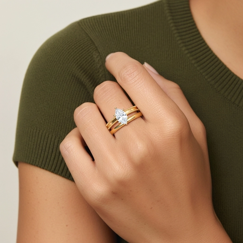 Plated Wide Beaded Wedding Ring Set