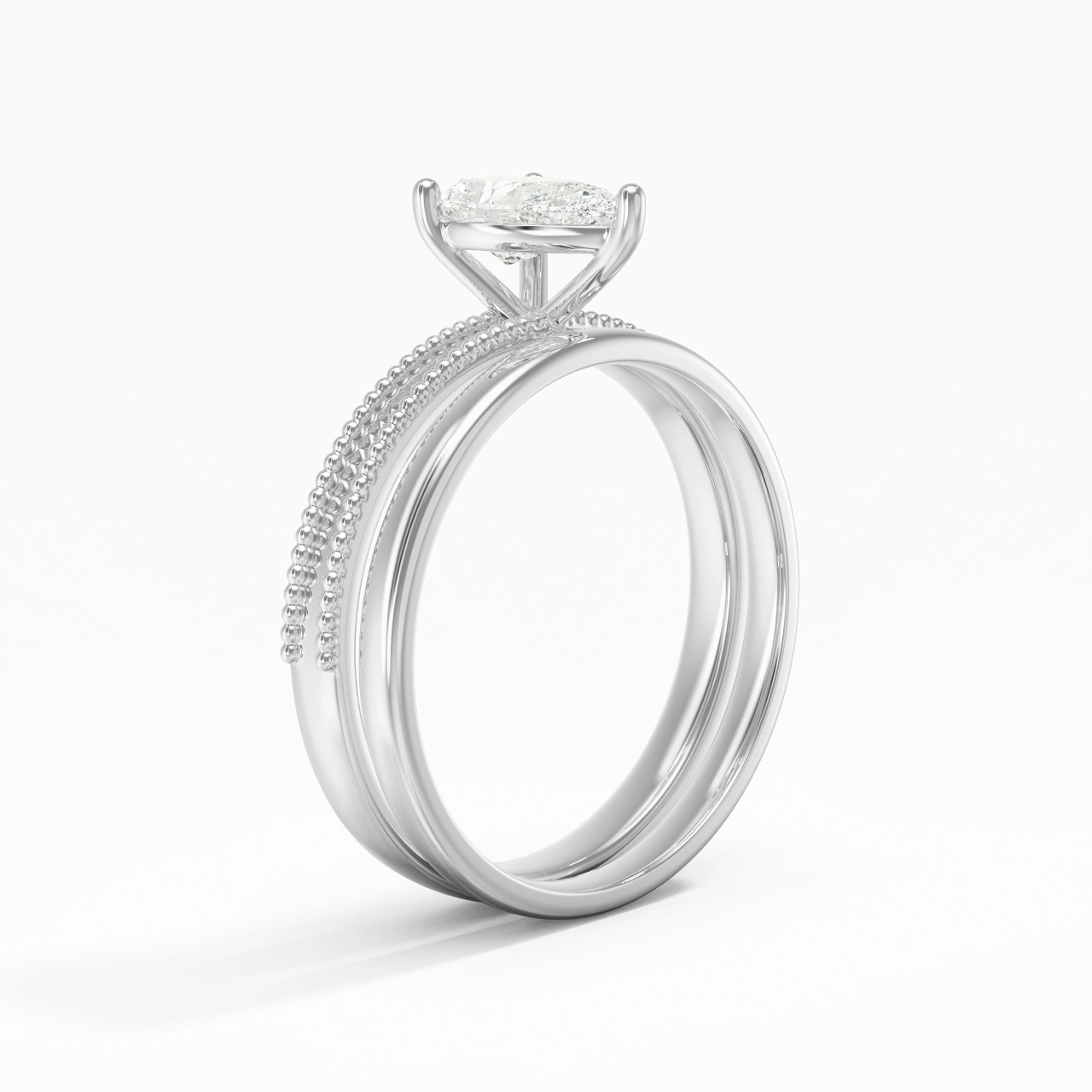 Plated Wide Beaded Wedding Ring Set