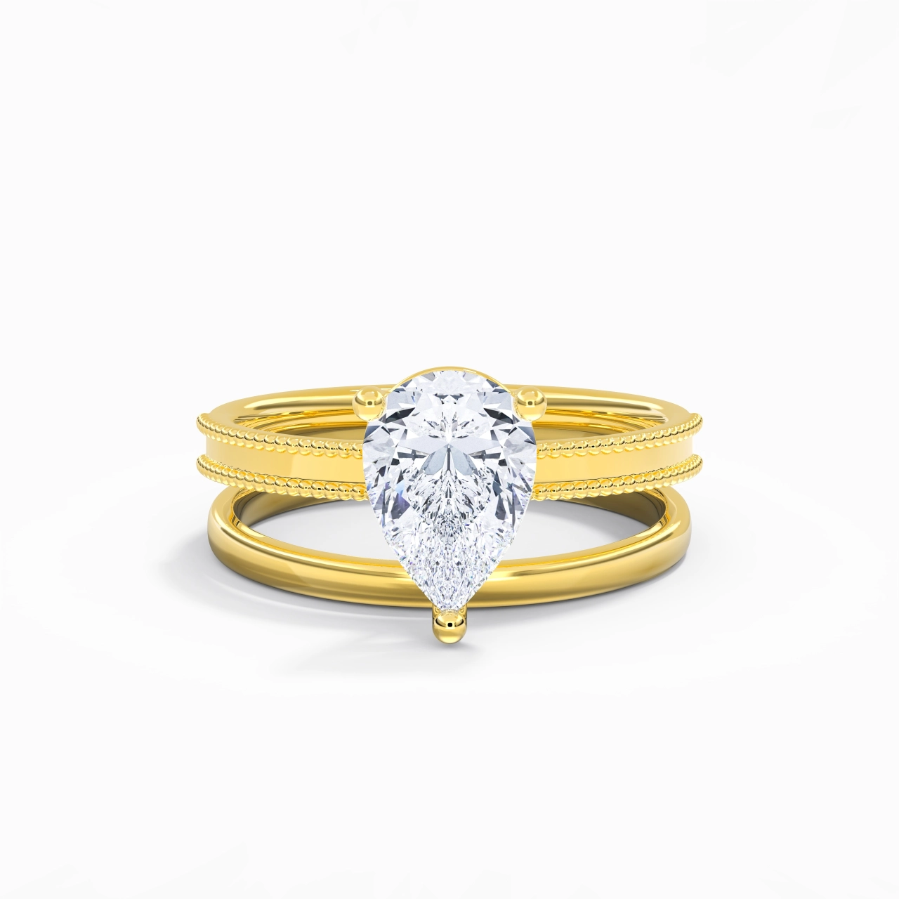 Plated Wide Beaded Wedding Ring Set