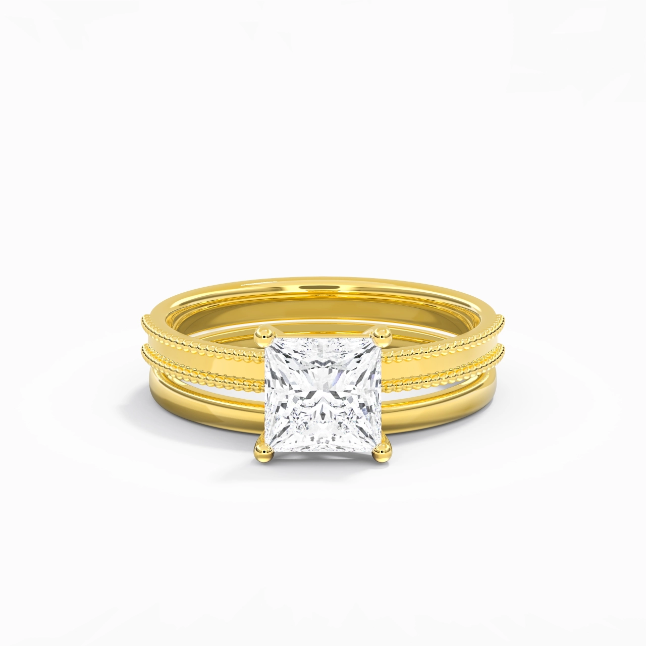 Plated Wide Beaded Wedding Ring Set