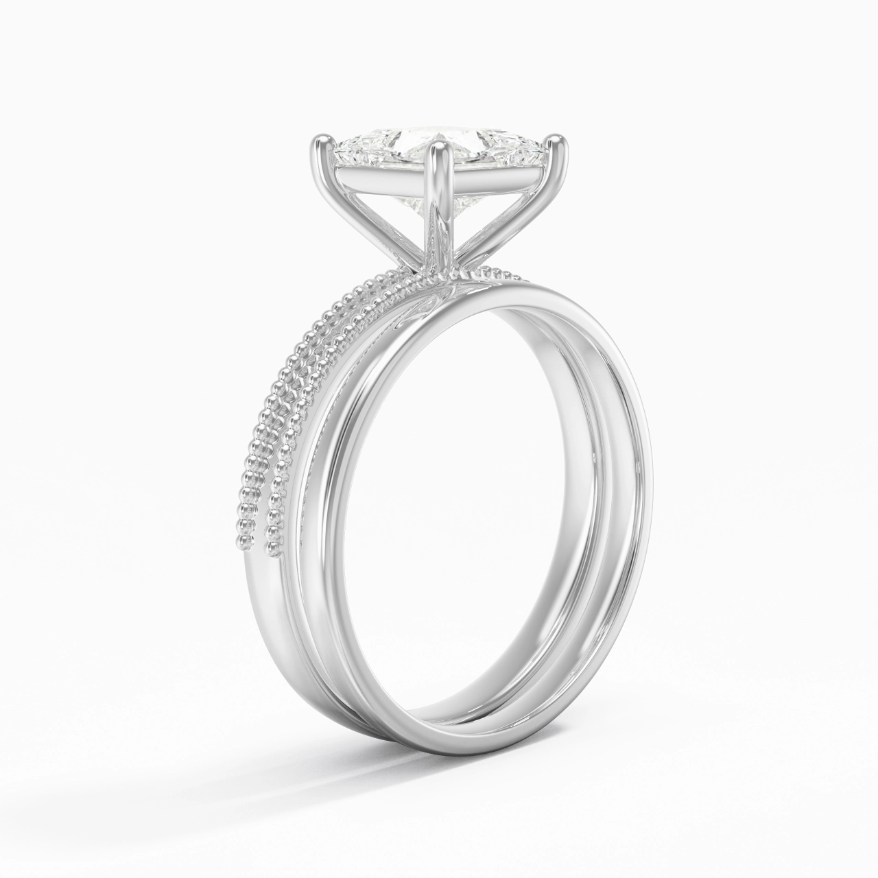 Plated Wide Beaded Wedding Ring Set