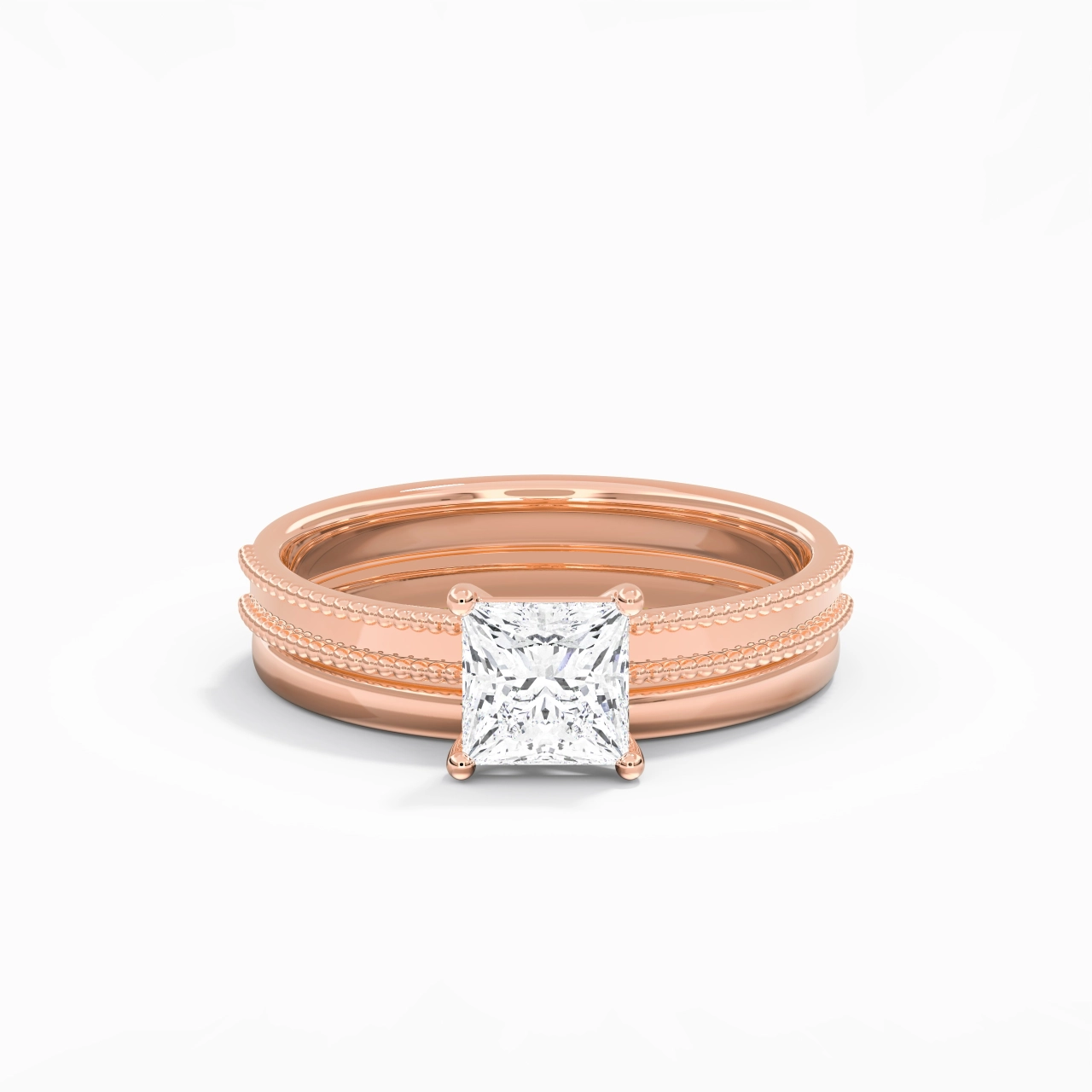 Plated Wide Beaded Wedding Ring Set