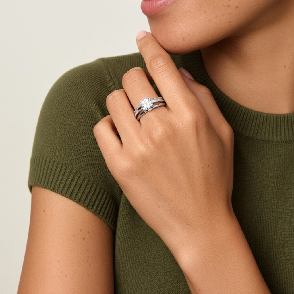 Plated Wide Beaded Wedding Ring Set