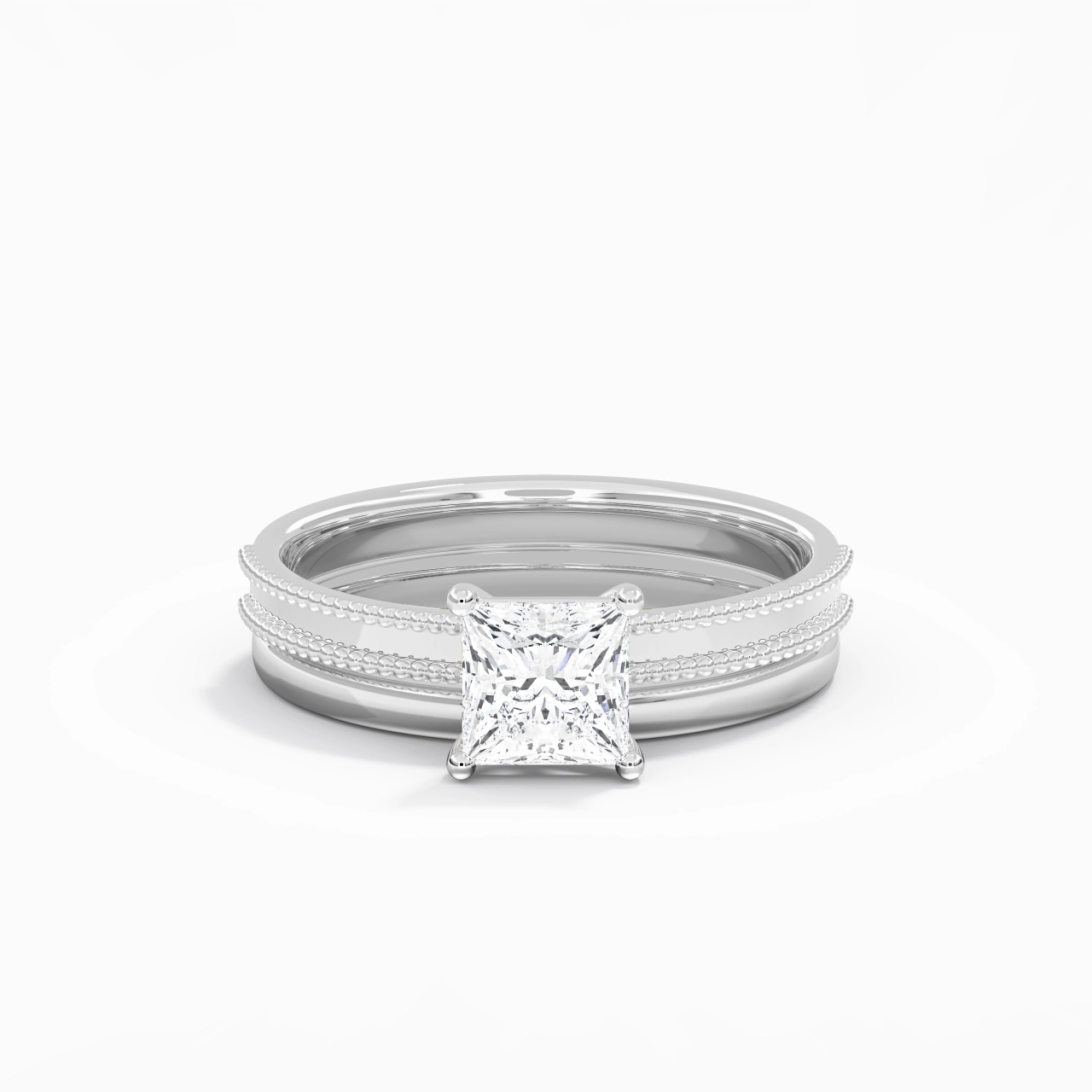 Plated Wide Beaded Wedding Ring Set