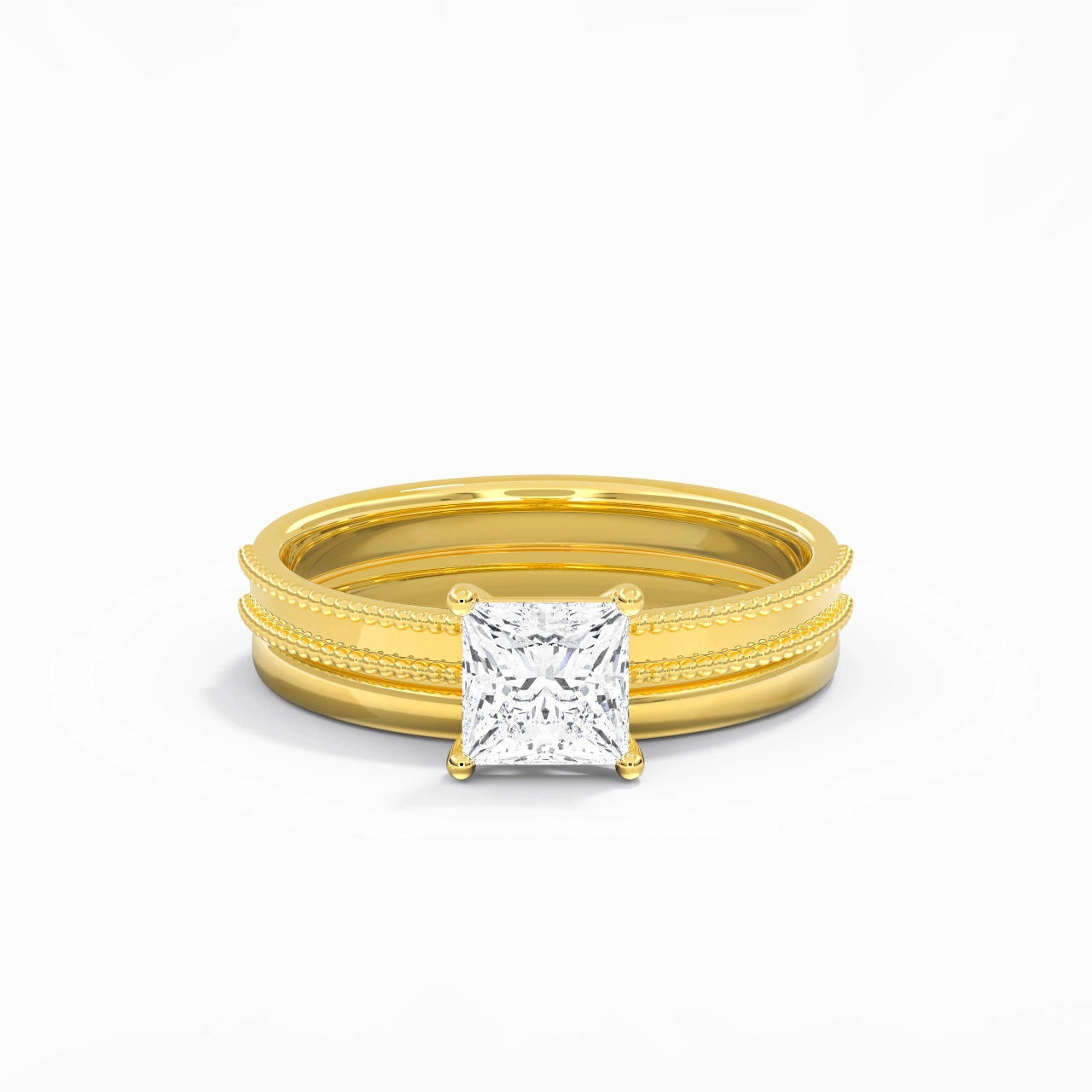 Plated Wide Beaded Wedding Ring Set