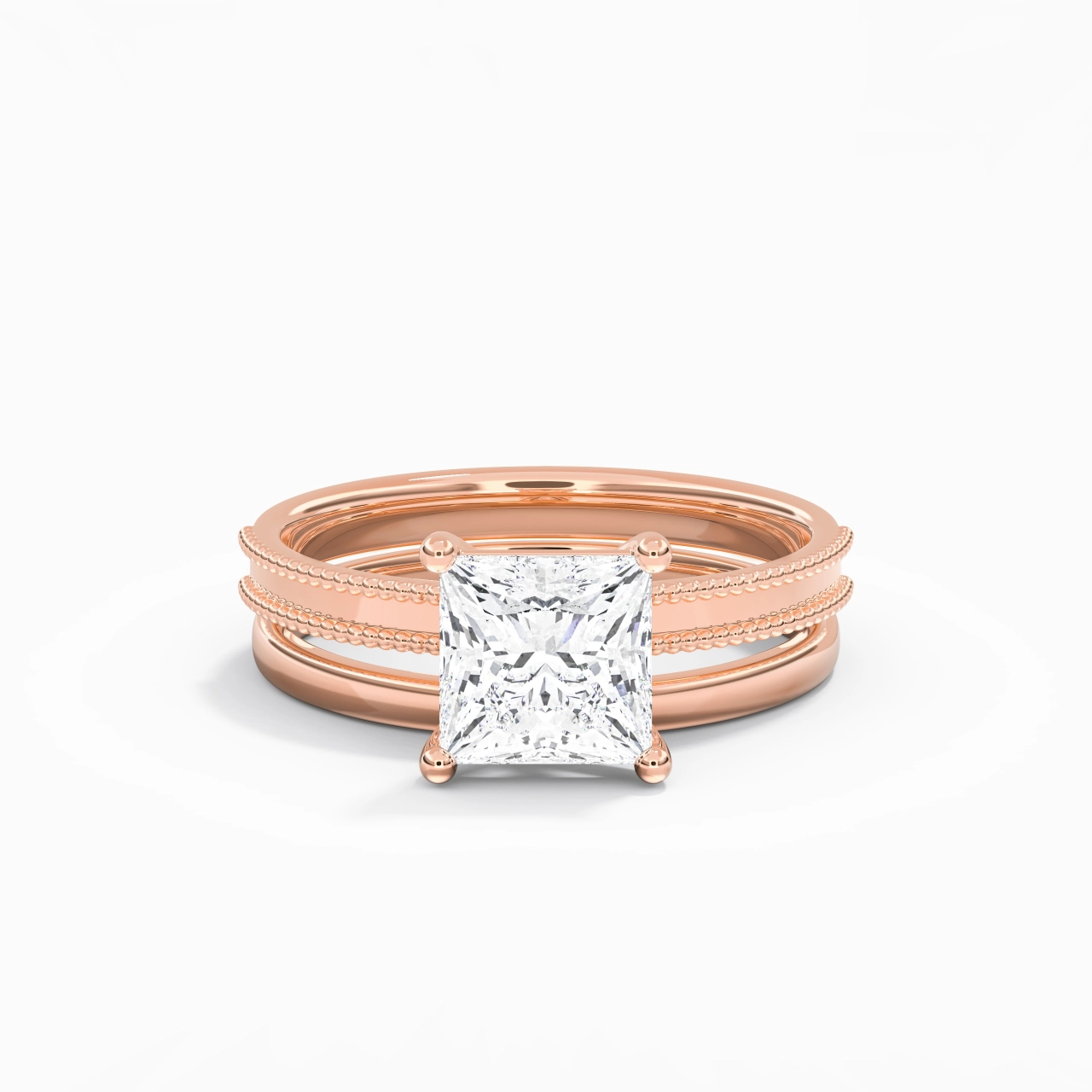 Plated Wide Beaded Wedding Ring Set