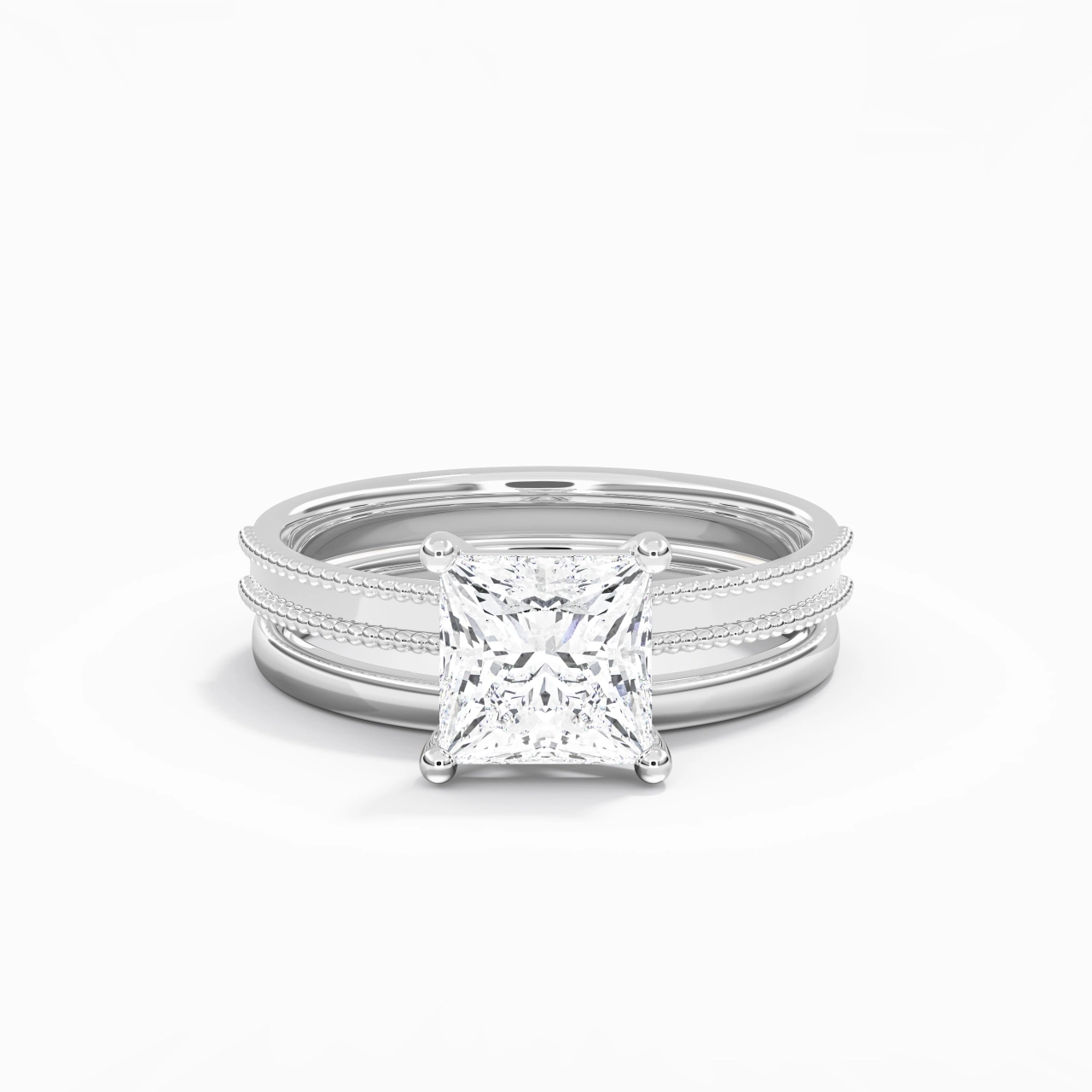 Plated Wide Beaded Wedding Ring Set