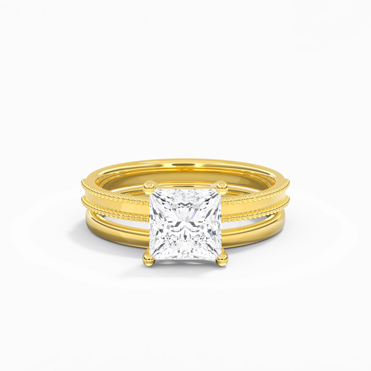 Plated Wide Beaded Wedding Ring Set