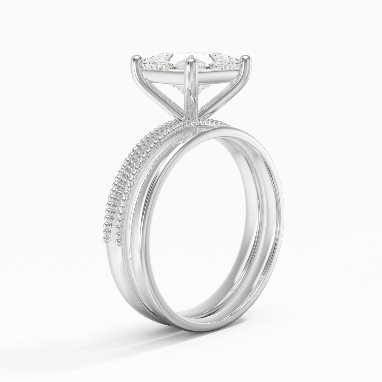 Plated Wide Beaded Wedding Ring Set