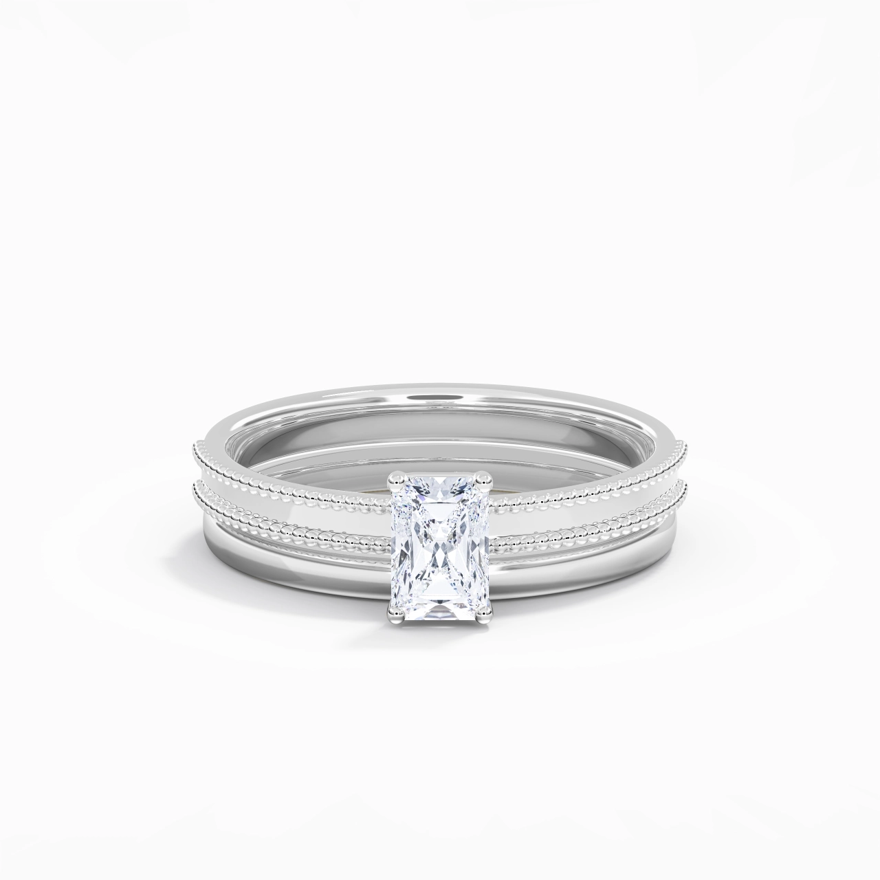 Plated Wide Beaded Wedding Ring Set