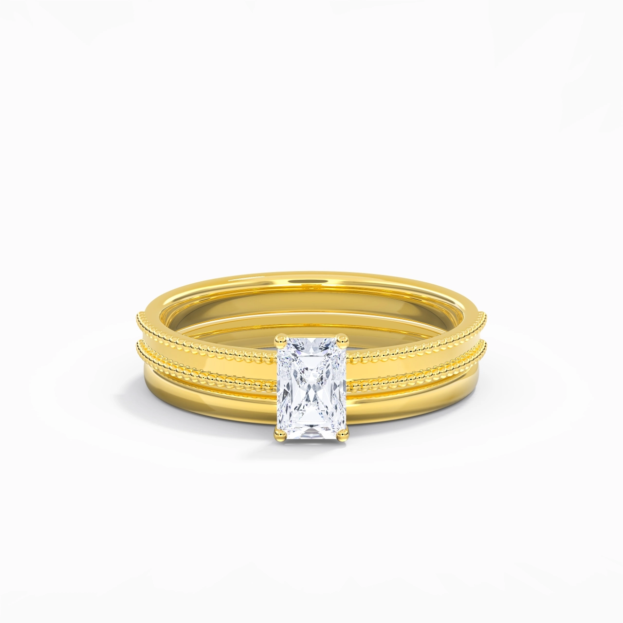 Plated Wide Beaded Wedding Ring Set
