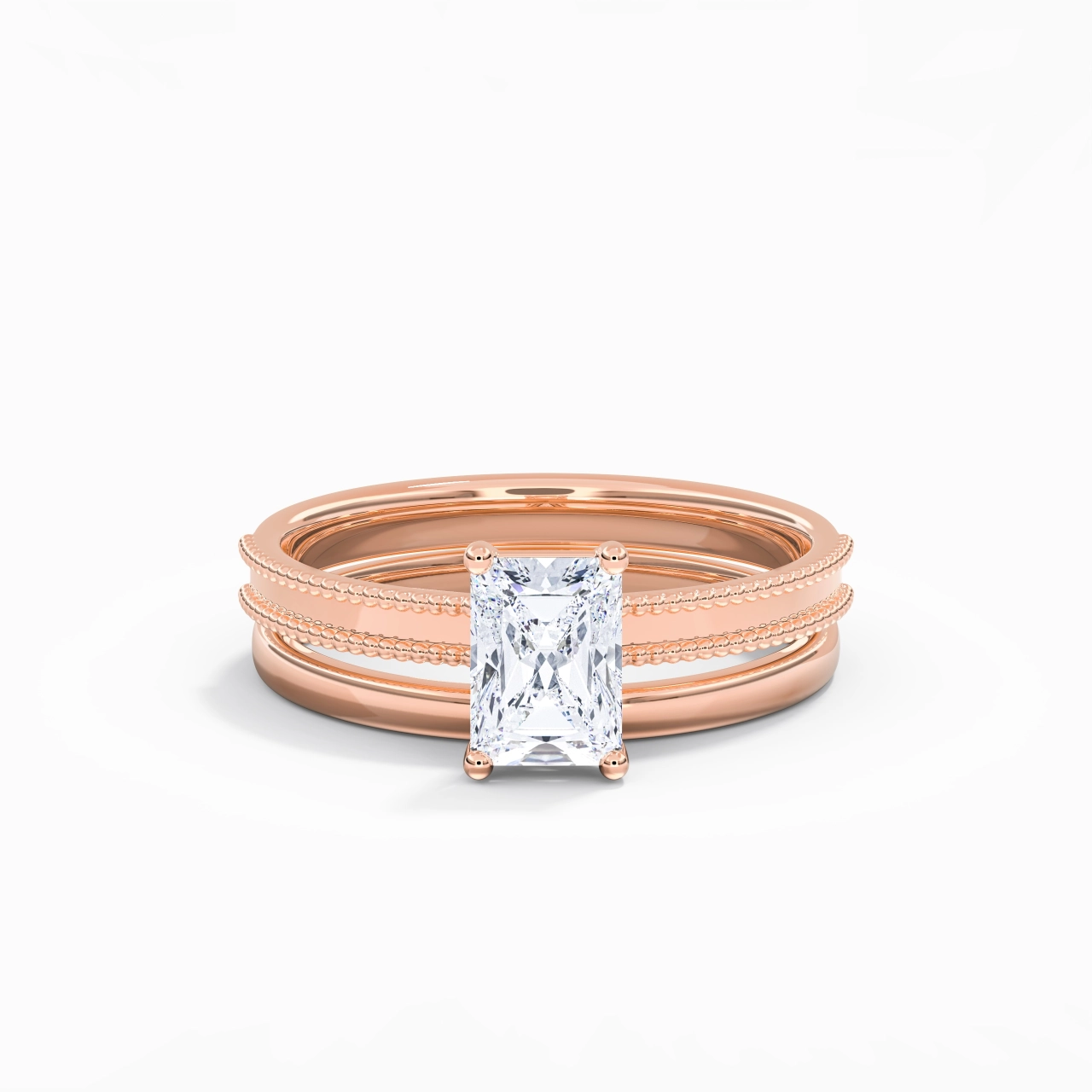 Plated Wide Beaded Wedding Ring Set