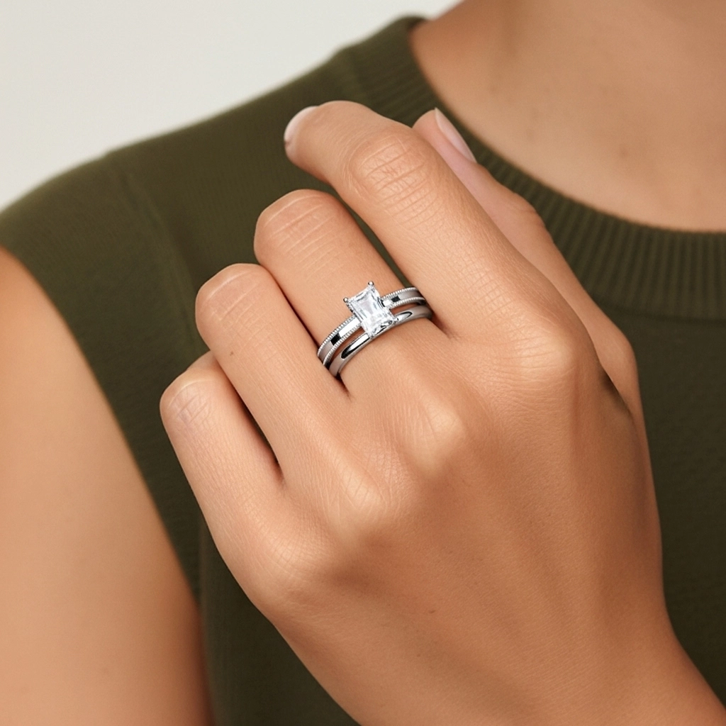 Plated Wide Beaded Wedding Ring Set