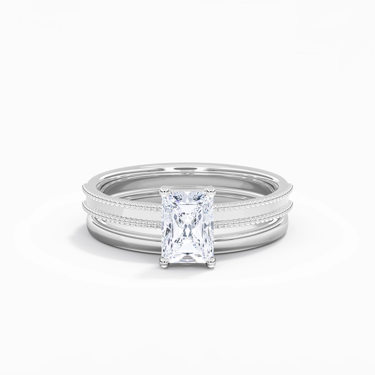 Plated Wide Beaded Wedding Ring Set