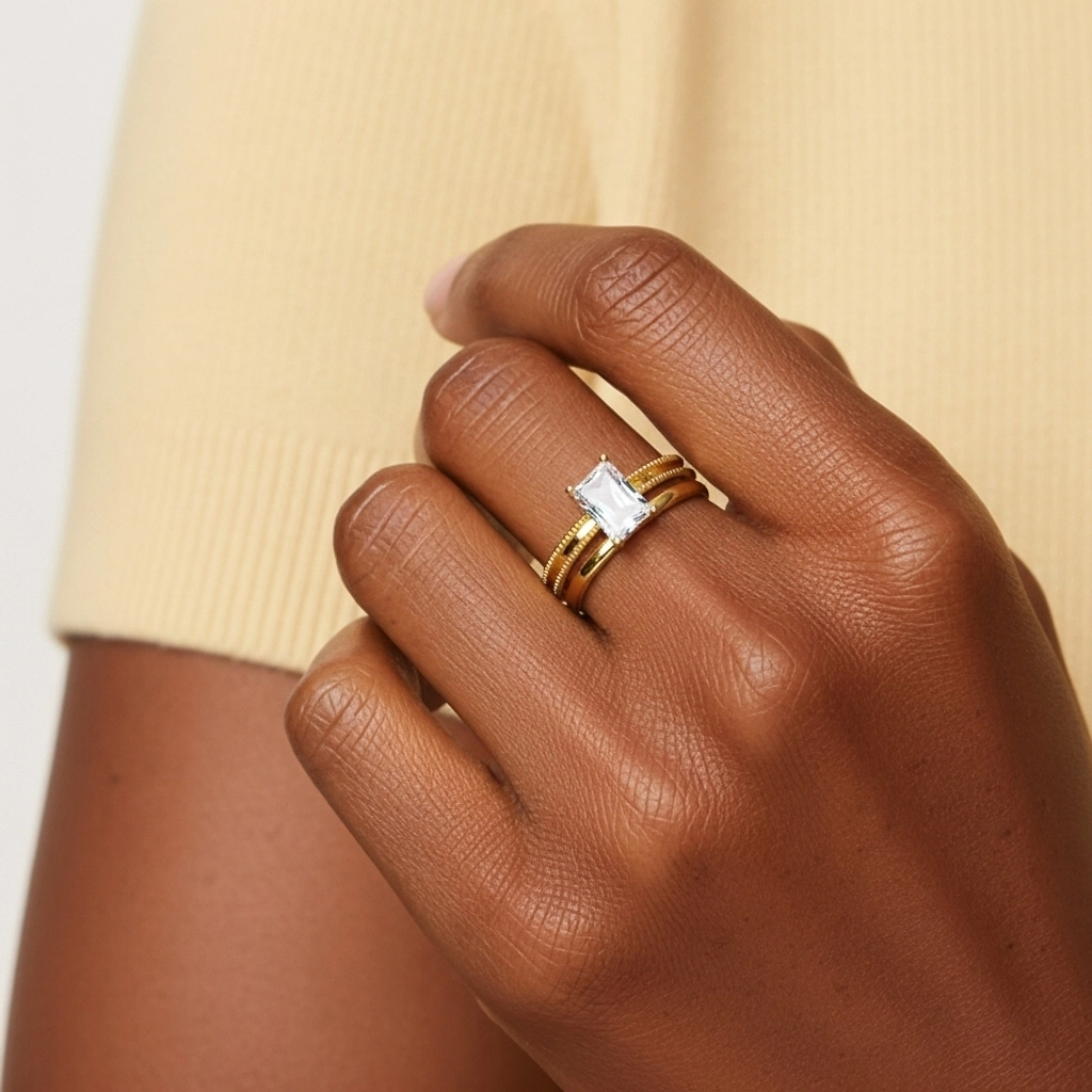 Plated Wide Beaded Wedding Ring Set