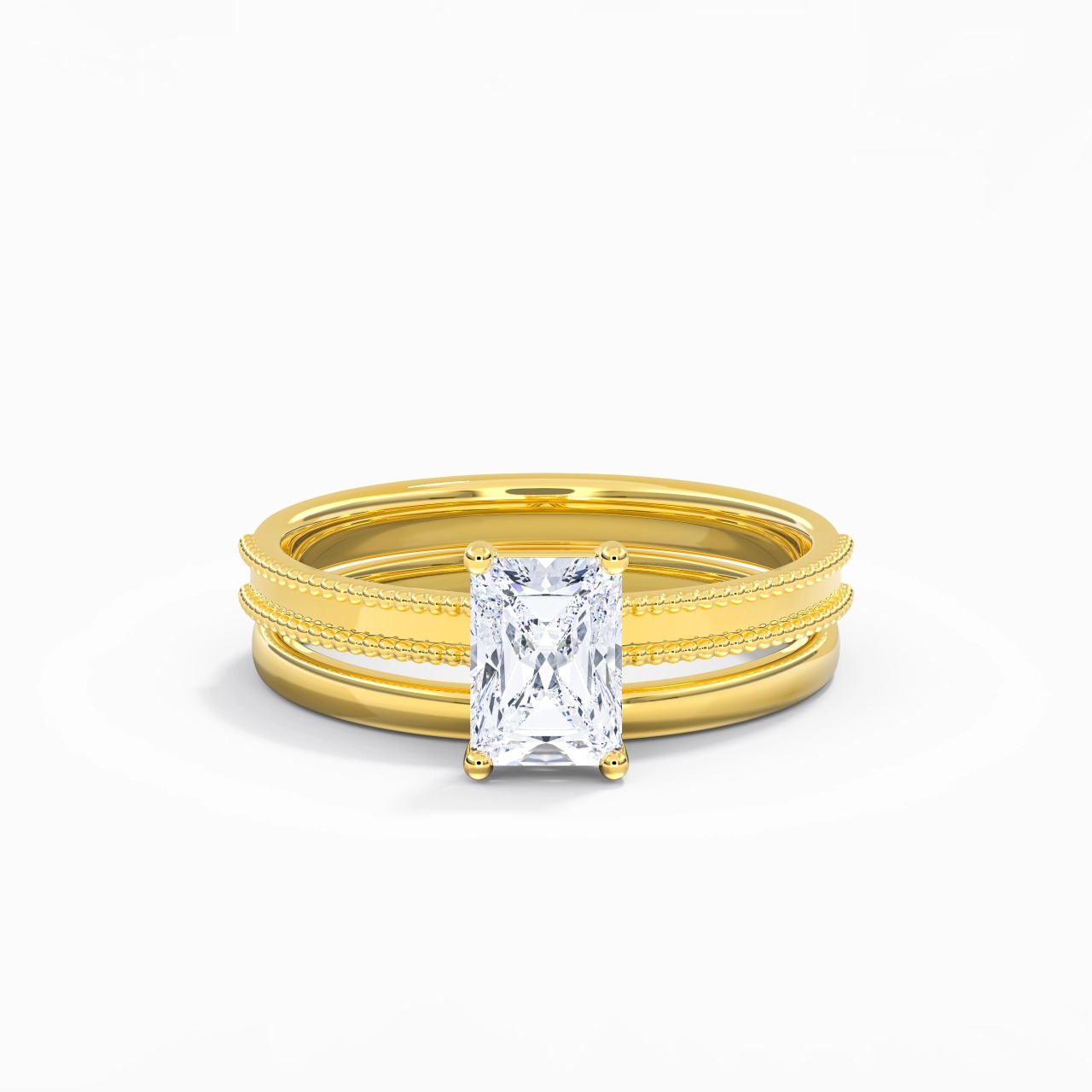 Plated Wide Beaded Wedding Ring Set