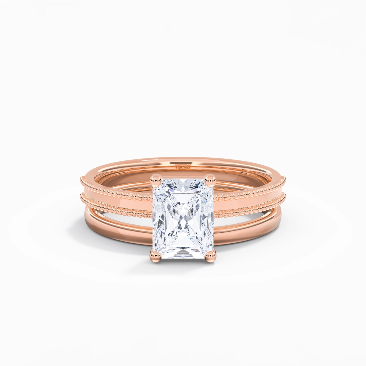 Plated Wide Beaded Wedding Ring Set