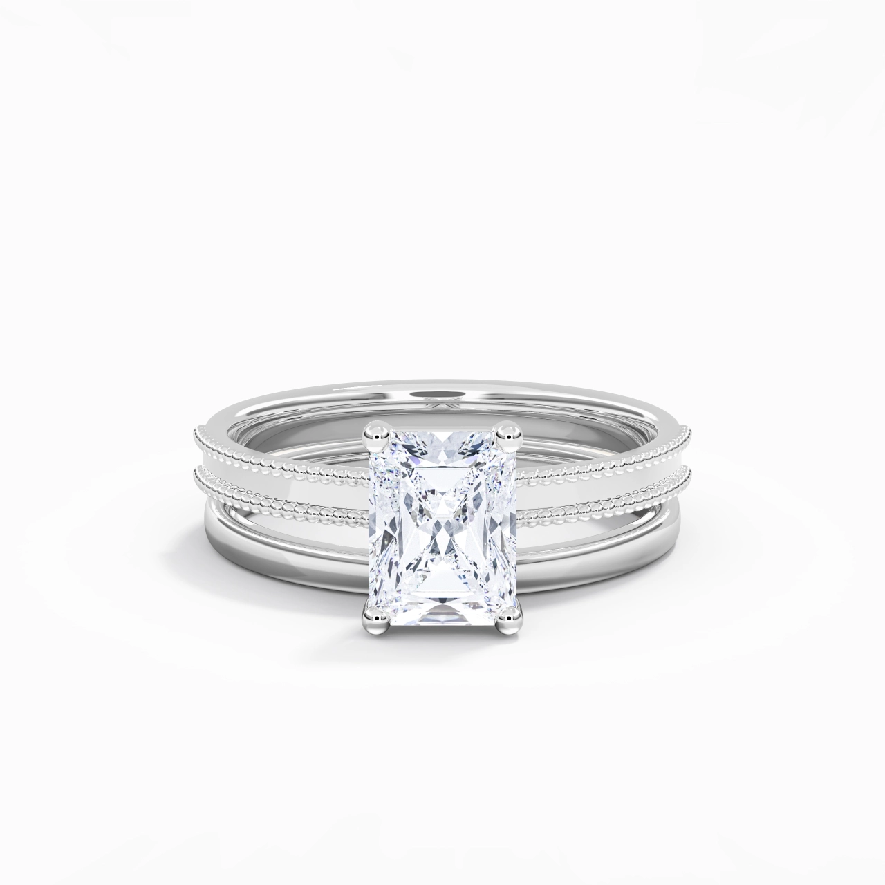 Plated Wide Beaded Wedding Ring Set