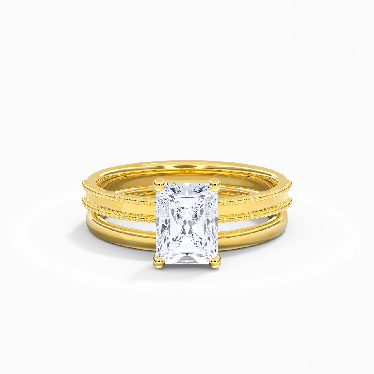 Plated Wide Beaded Wedding Ring Set