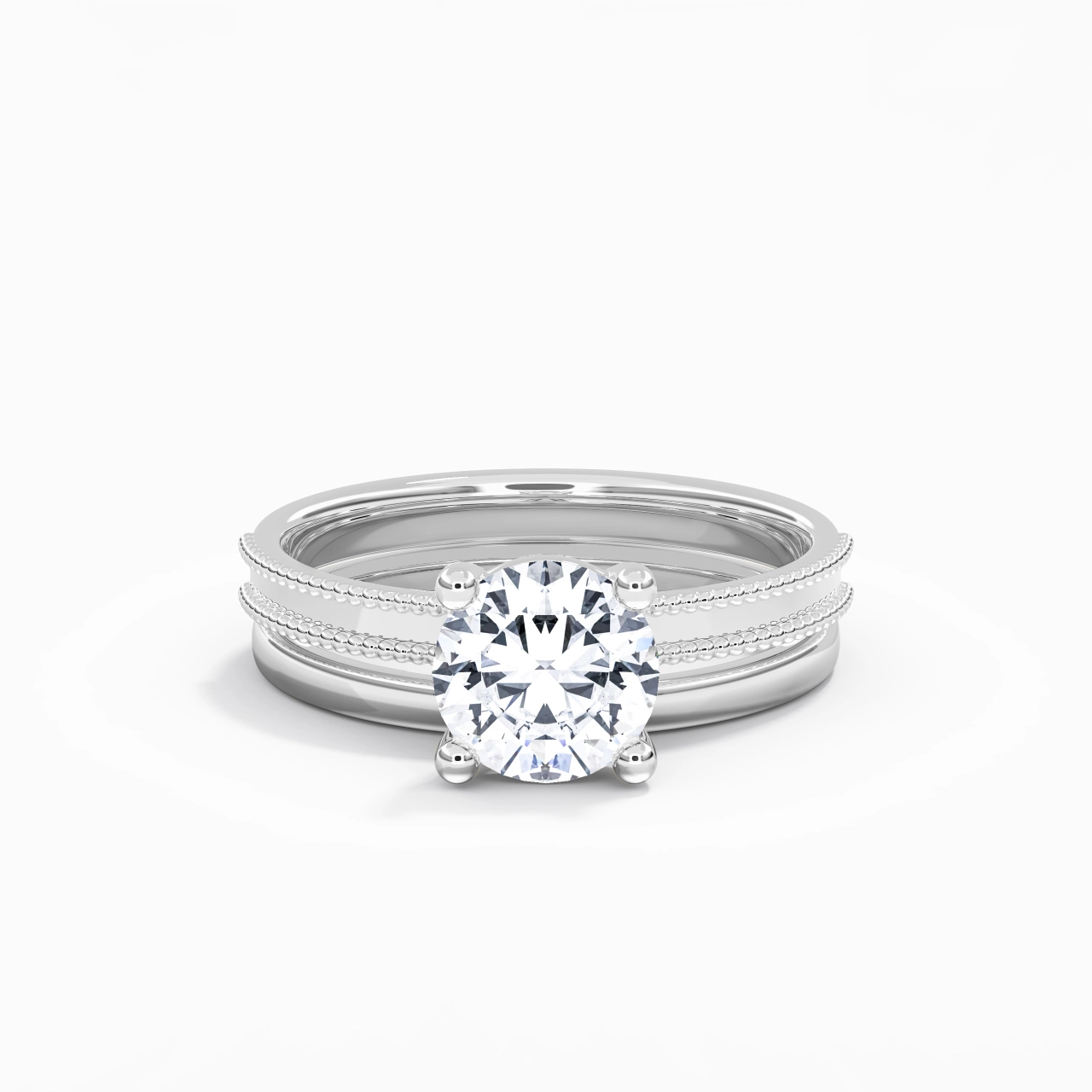 Plated Wide Beaded Wedding Ring Set