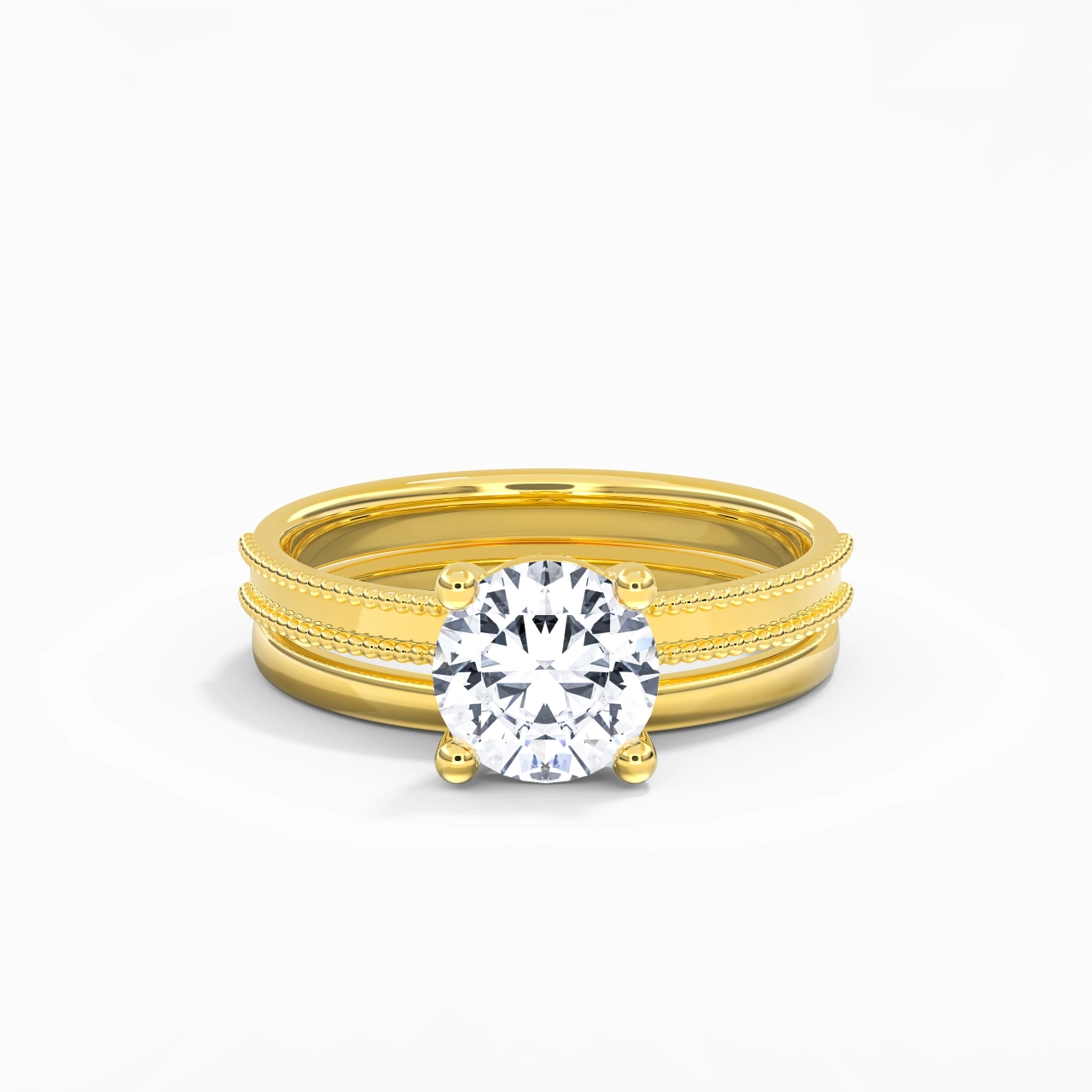 Plated Wide Beaded Wedding Ring Set