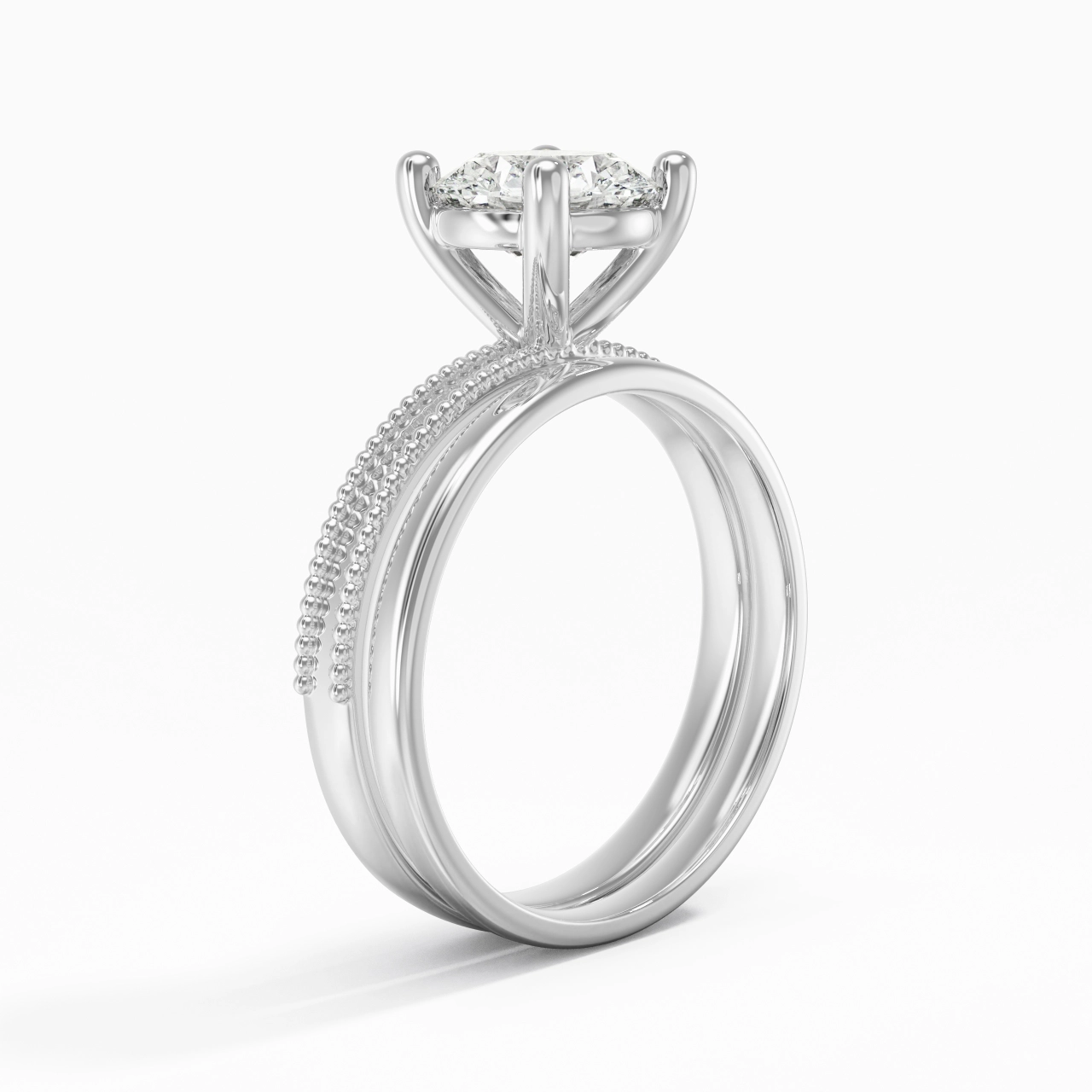 Plated Wide Beaded Wedding Ring Set