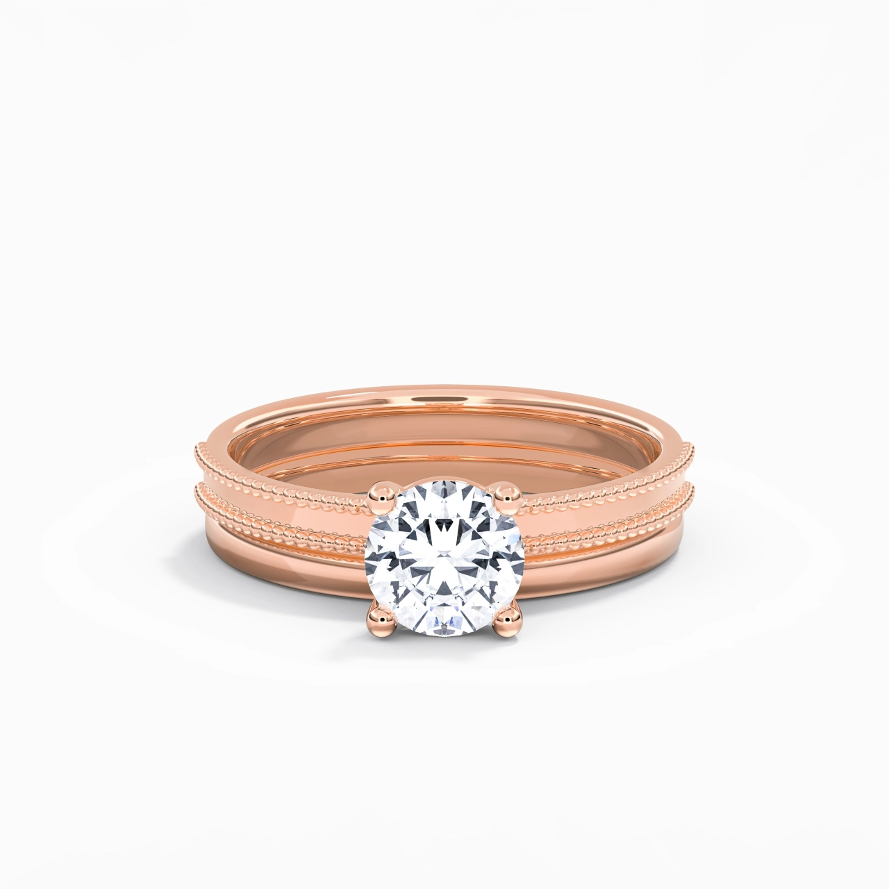 Plated Wide Beaded Wedding Ring Set
