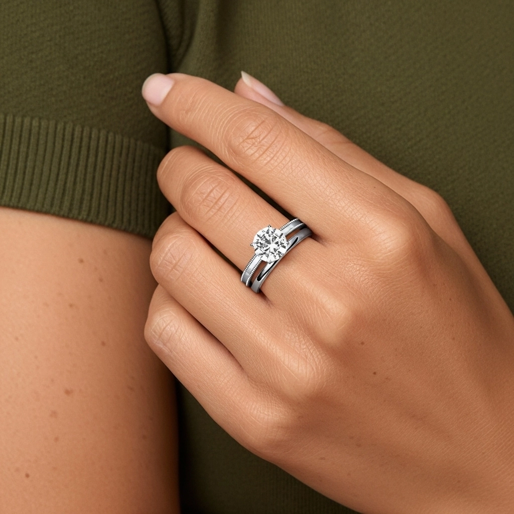 Plated Wide Beaded Wedding Ring Set