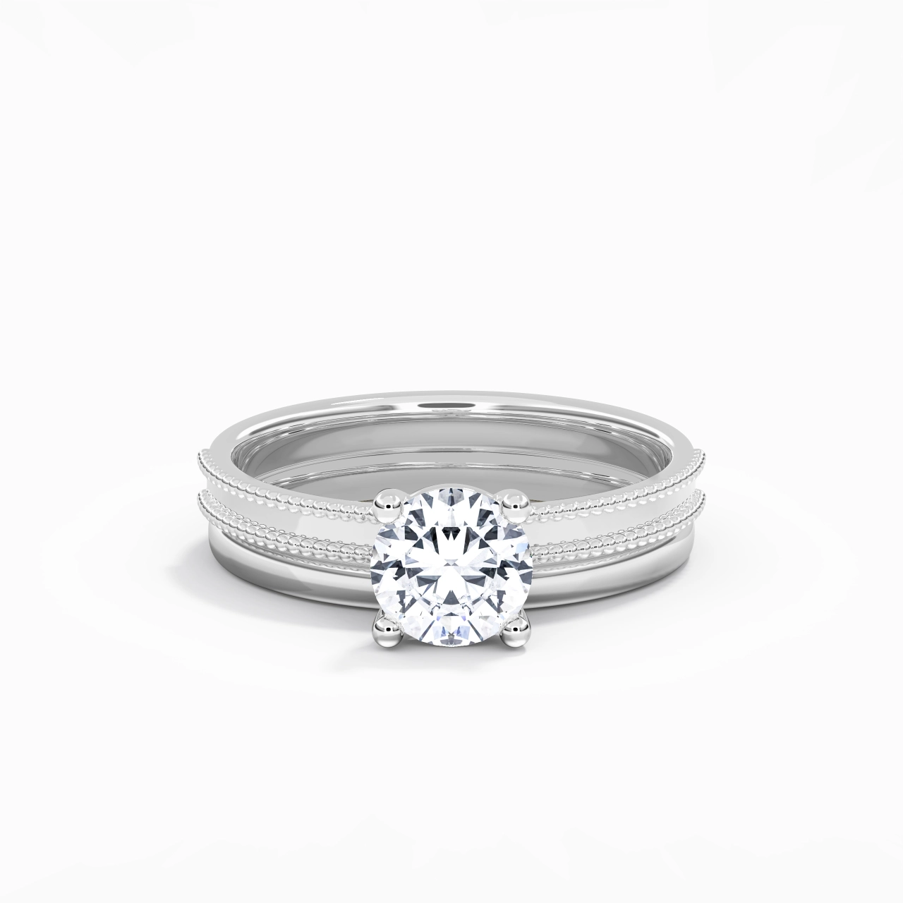 Plated Wide Beaded Wedding Ring Set