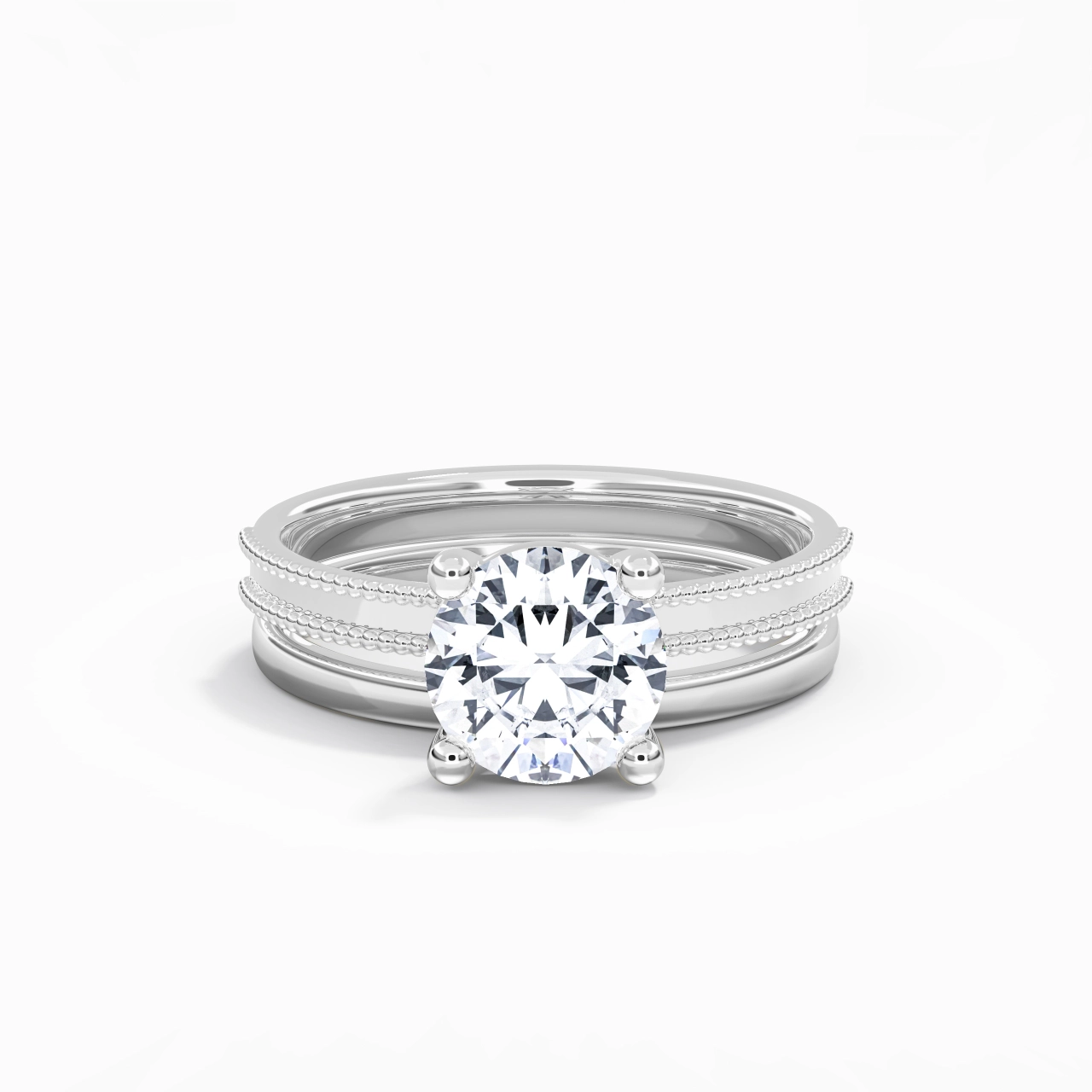Plated Wide Beaded Wedding Ring Set