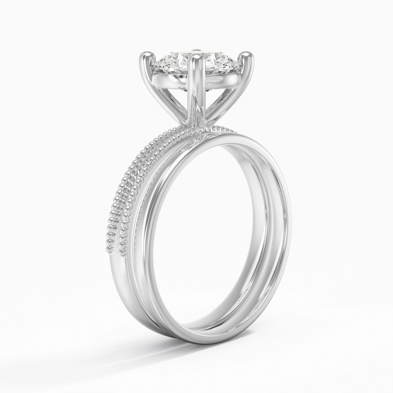 Plated Wide Beaded Wedding Ring Set