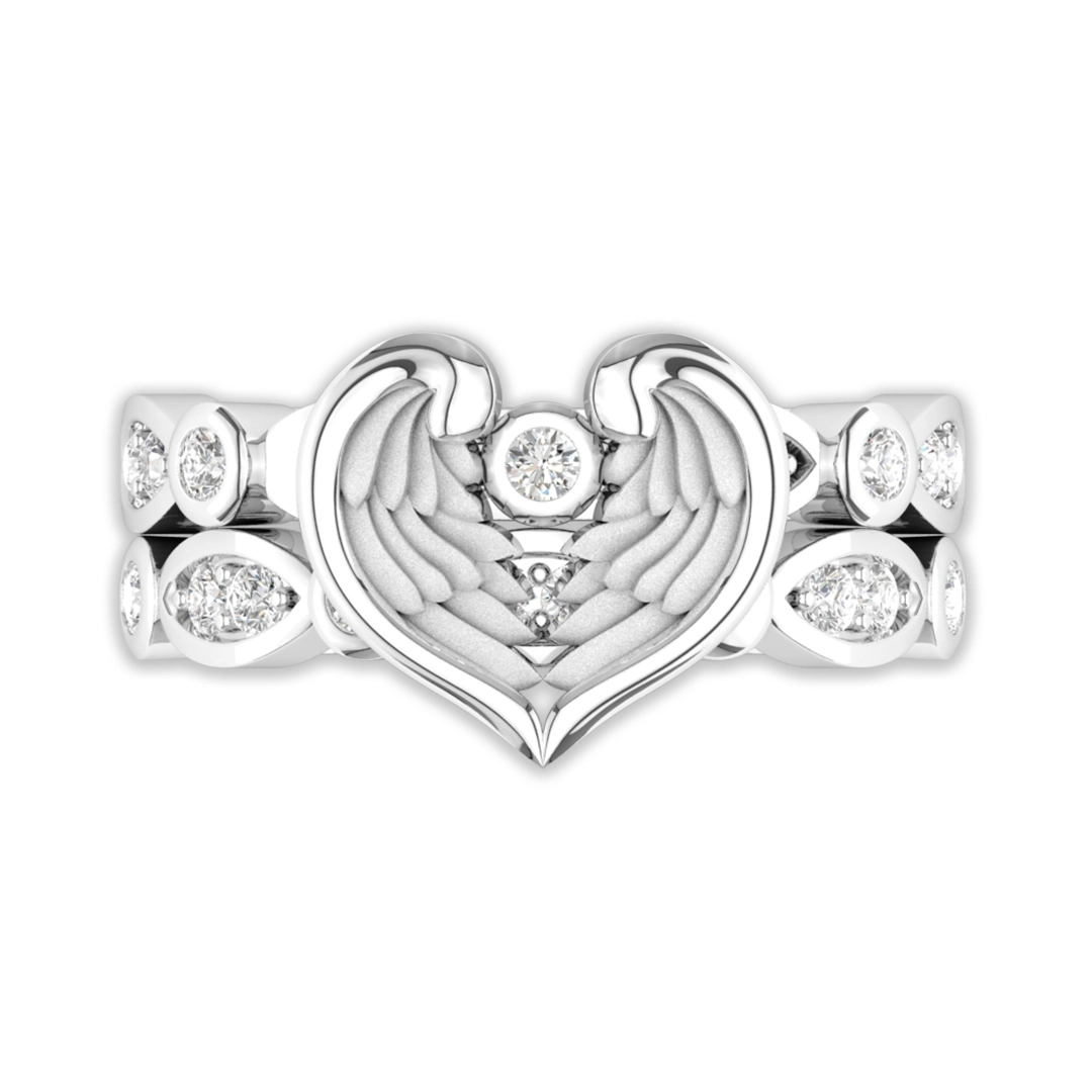 Unique Wing White Gold Frosted 925 Sterling Silver Wedding Ring Set