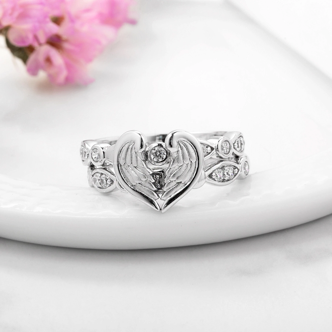 White Gold Plated Unique Wing Wedding Ring Set