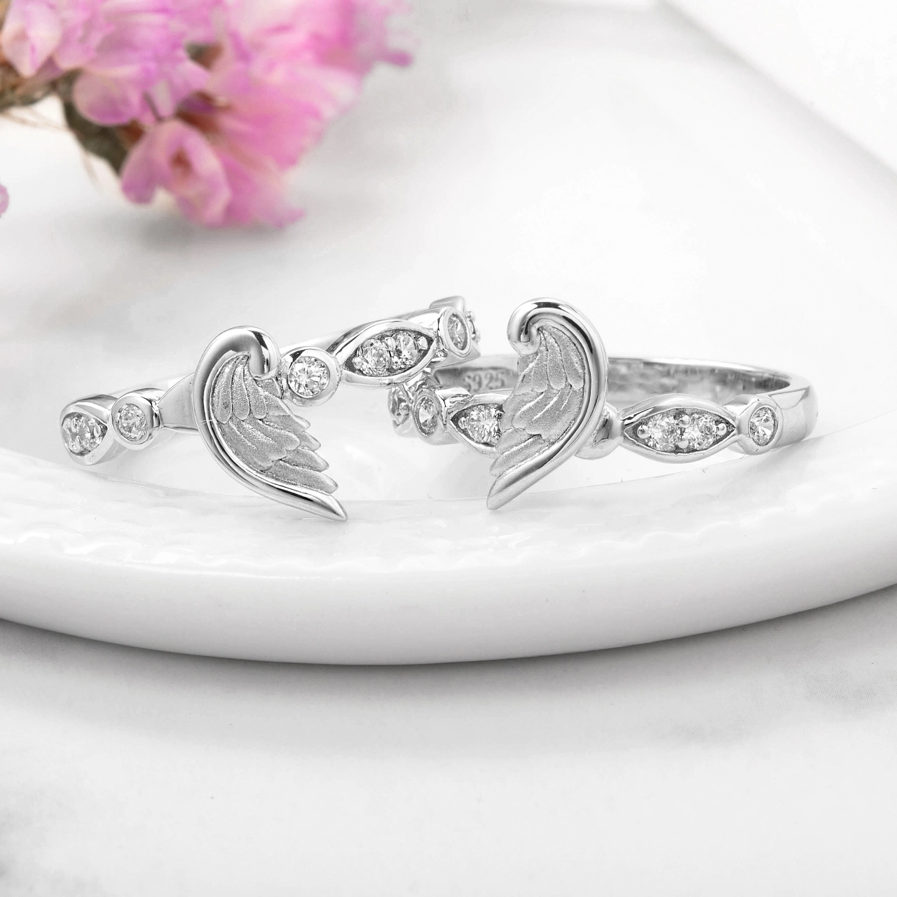 White Gold Plated Unique Wing Wedding Ring Set