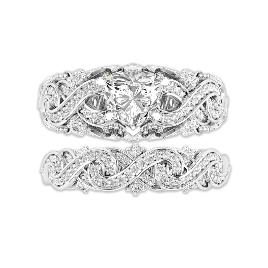 Unique Fil Tressé Infini Or blanc Placage Argent sterling 925 Ensemble d'alliances Cœur Blanc Tissé