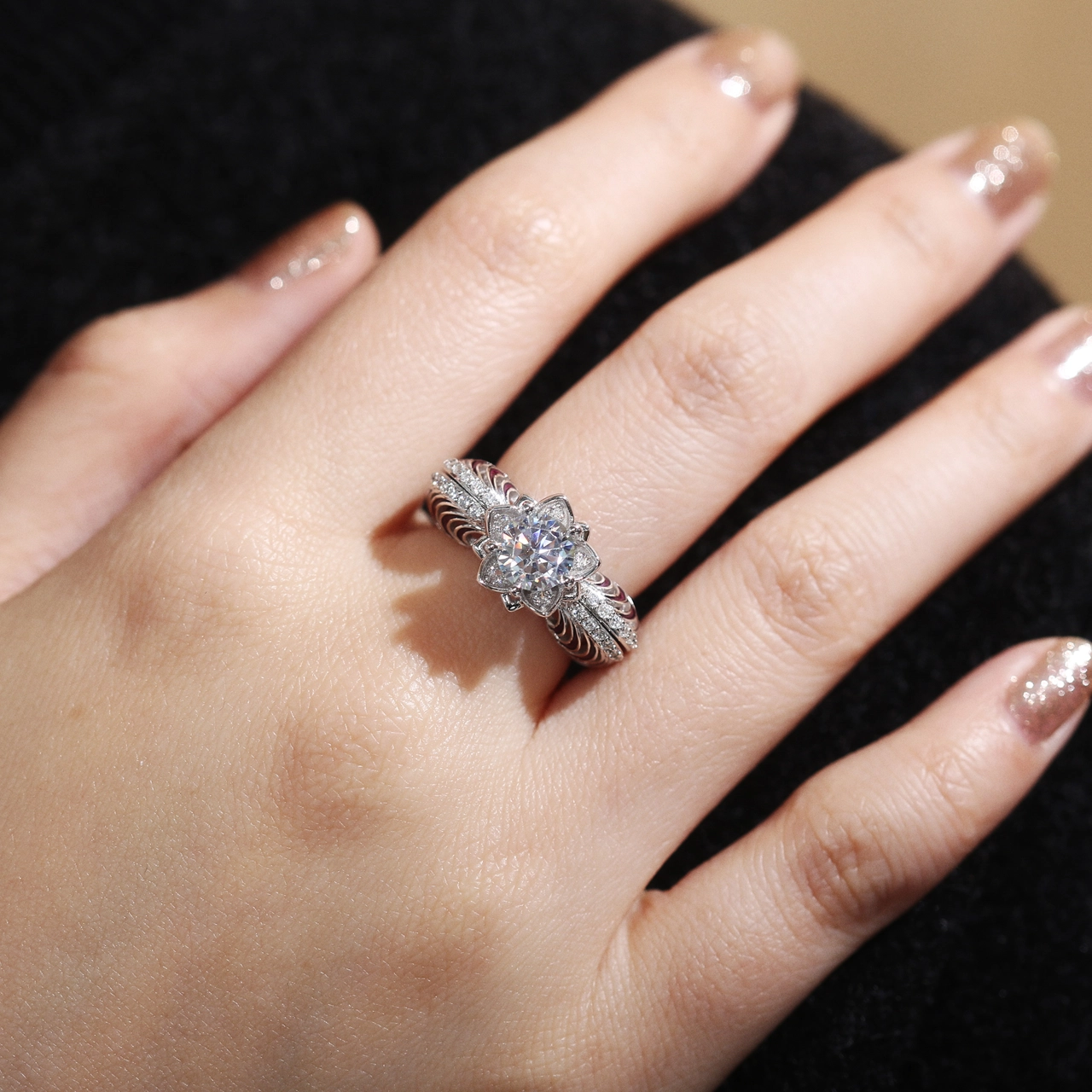 White Gold Plated Blossom Flower Engagement Ring