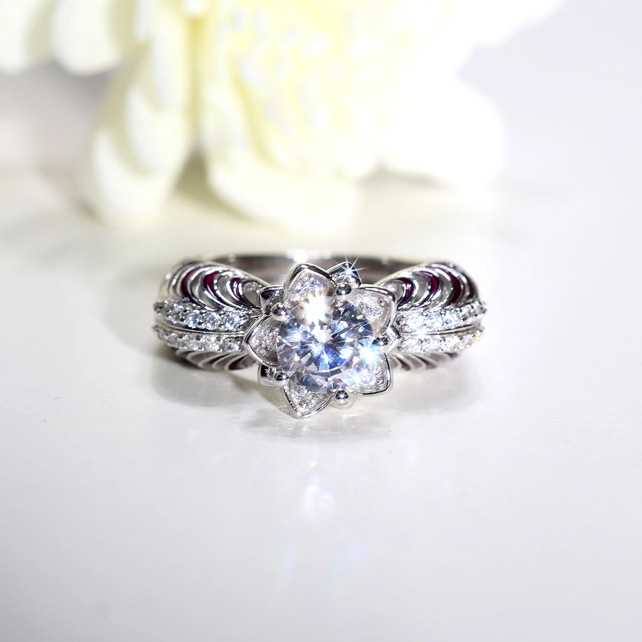 White Gold Plated Blossom Flower Engagement Ring