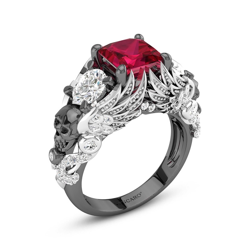 Skull Engagement Ring With Wings Gothic Style Three Stone Skull Engagement Ring With Wings Gothic Style Three Stone