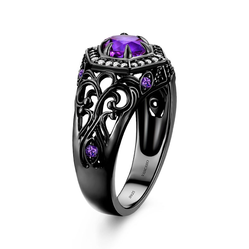 Sterling Silver Gothic Promise Jewelry Vintage Inspired Amethyst Engagement Ring 
