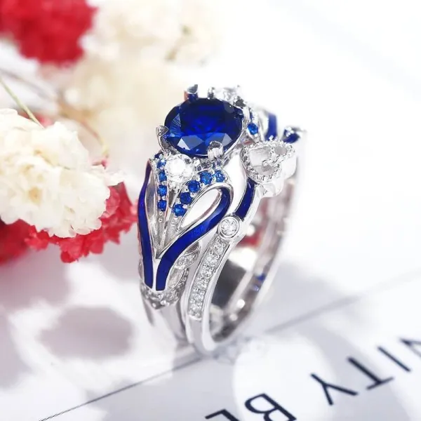 Nature Blue Butterfly Prong Wedding Ring Set Women Sapphire Blue Round