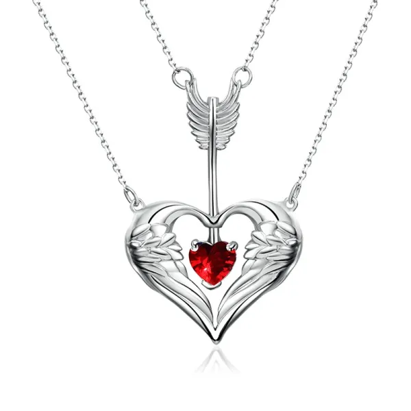 Unique Arrow Heart Wing Necklace Pendant Women Silver Garnet Red Heart