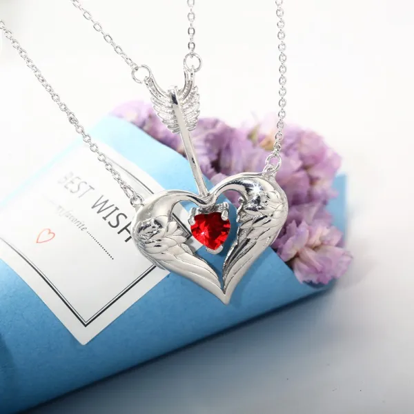 Unique Arrow Heart Wing Necklace Pendant Women Silver Garnet Red Heart
