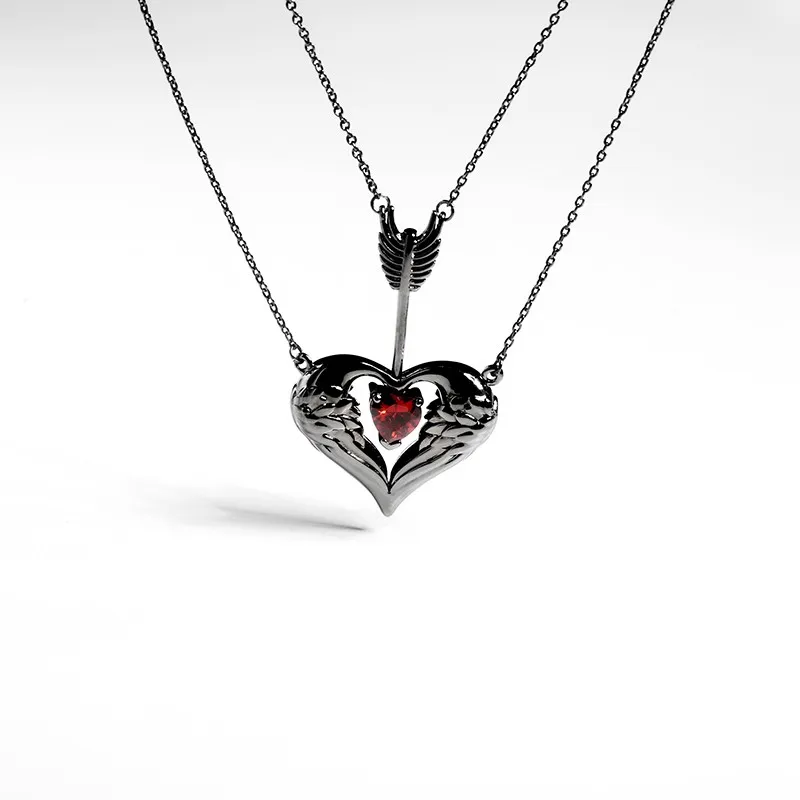 Unique Heart Wing Arrow Pendant Necklace Garnet Red Heart