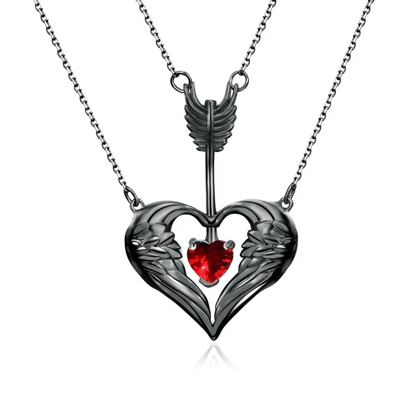 Unique Heart Wing Arrow Pendant Necklace Garnet Red Heart