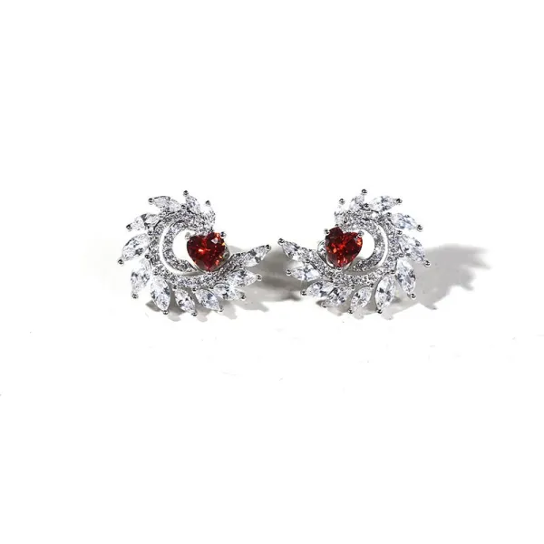 Wing Earrings Dainty Stud Women Silver Garnet Red Heart