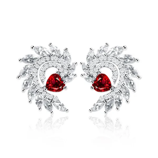 Wing Earrings Dainty Stud Women Silver Garnet Red Heart