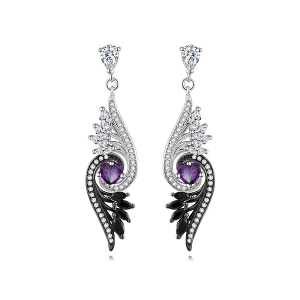 Wing Earrings Unique Dangle Women Black Amethyst Purple Heart